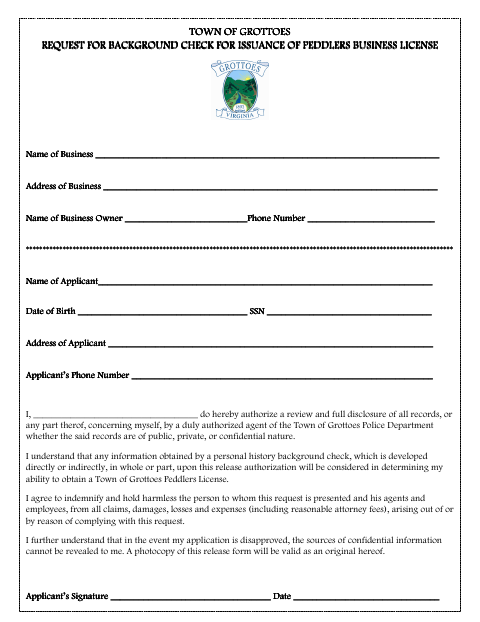 First page of the Request for Background Check for Issuance of Peddlers Business License