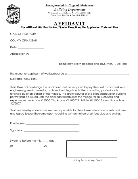 First page of the ARB and Site Plan Review, Special Exception, and Use Application Costs and Fees Affidavit