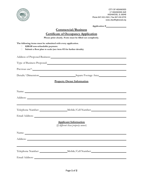 First page of the Commercial/Business Certificate of Occupancy Application