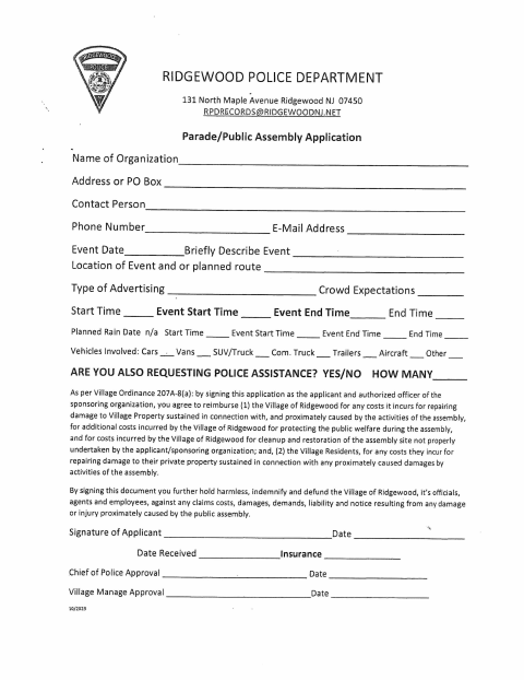 First page of the Parade/Public Assembly Application