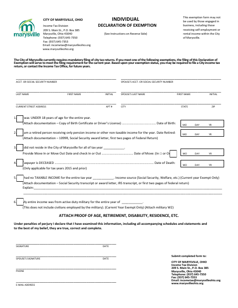 First page of the Individual Declaration of Exemption