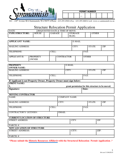 First page of the Structure Relocation Permit Application
