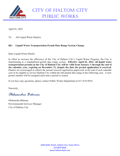 First page of the Application for Liquid Waste Transportation Permit