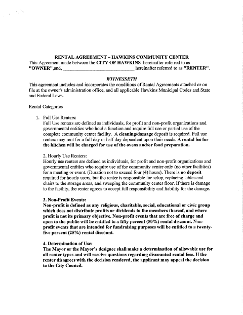 First page of the Community Center Rental Agreement