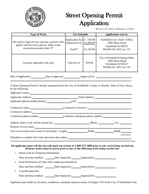 First page of the Street Opening Permit Application