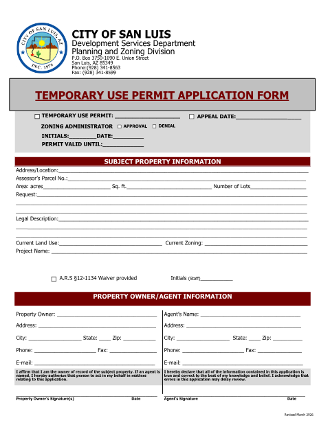 First page of the Temporary Use Permit Application
