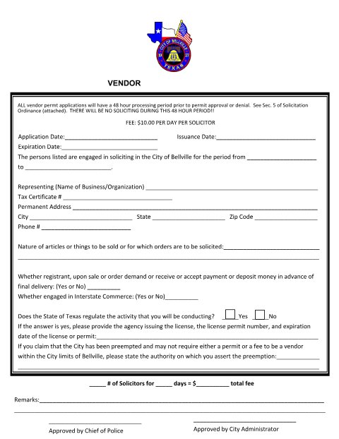 First page of the Vendor Permit Application