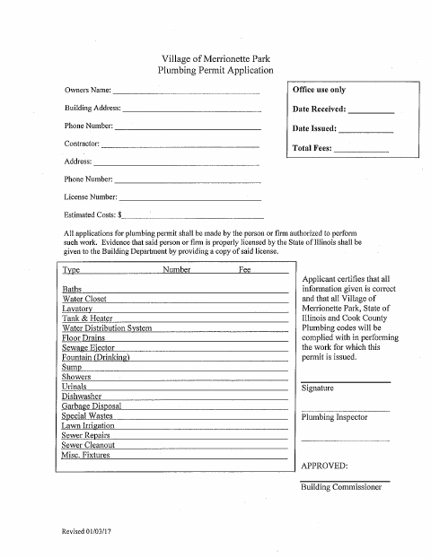 First page of the Plumbing Permit Application