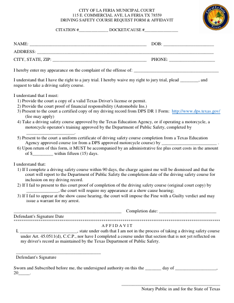 First page of the Driving Safety Course Request Form and Affidavit