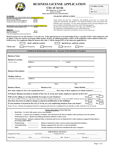 First page of the Business License Application
