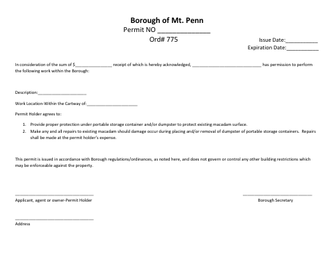 First page of the Dumpster Permit