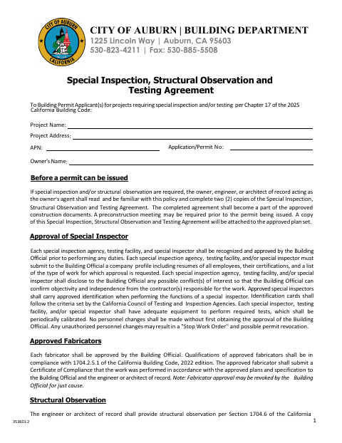 First page of the Special Inspection, Structural Observation and Testing Agreement