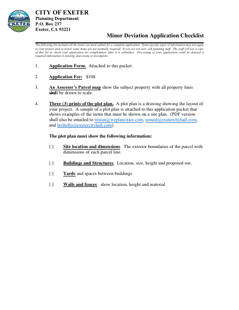 First page of the Minor Deviation Application Checklist
