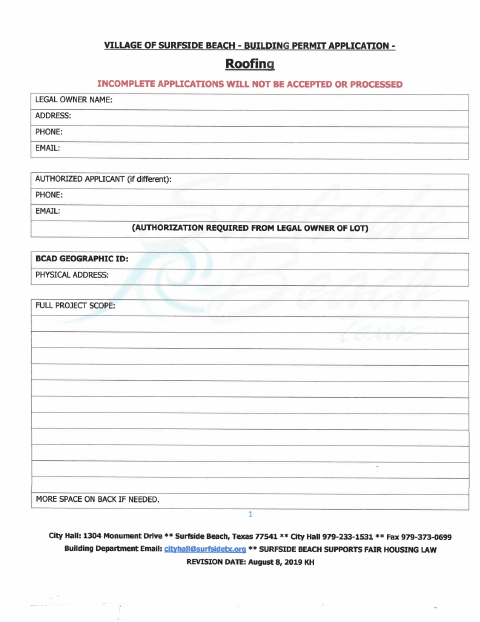 First page of the Roofing Building Permit Application