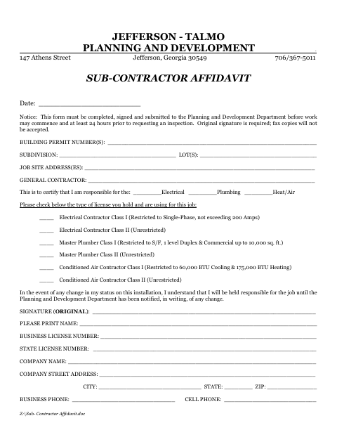 First page of the Sub-Contractor Affidavit