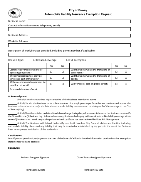 First page of the Automobile Liability Insurance Exemption Request