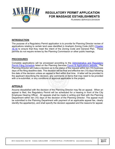 First page of the Massage Establishment Regulatory Permit Application