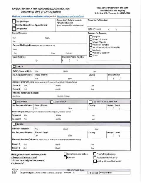 First page of the Vital Records Application