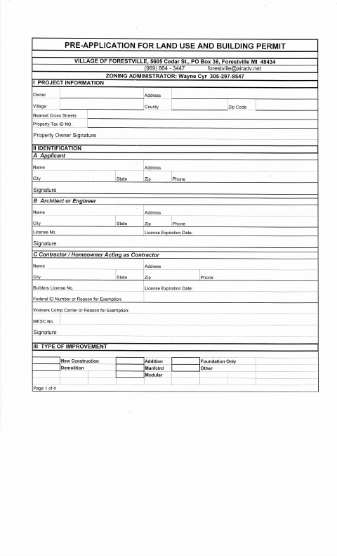 First page of the Pre-Application for Land Use and Building Permit