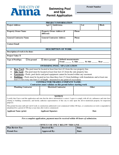 First page of the Swimming Pool and Spa Permit Application
