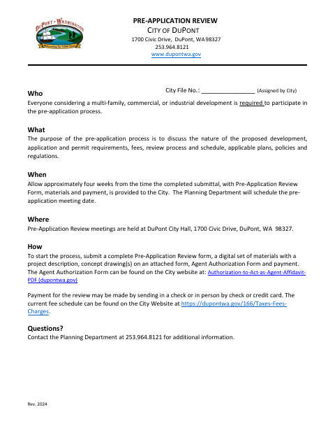 First page of the Pre-Application Review Form