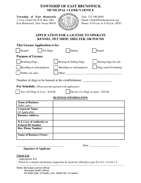 First page of the Application for a License to Operate a Kennel, Pet Shop, Shelter, or Pound