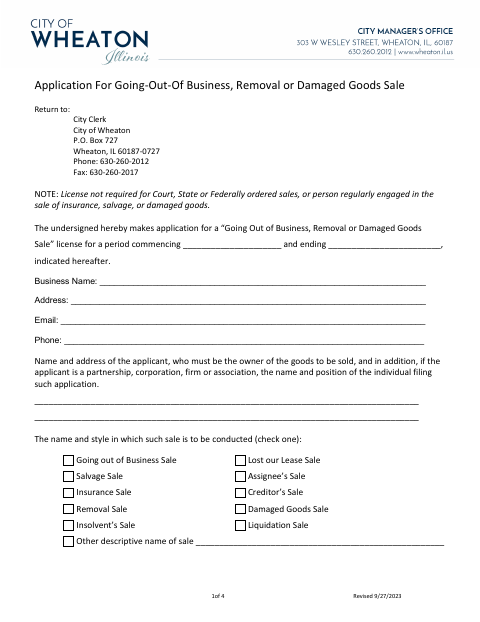 First page of the Going-Out-of-Business, Removal or Damaged Goods Sale Application