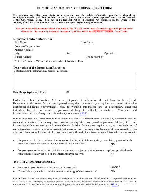 First page of the Open Records Request Form