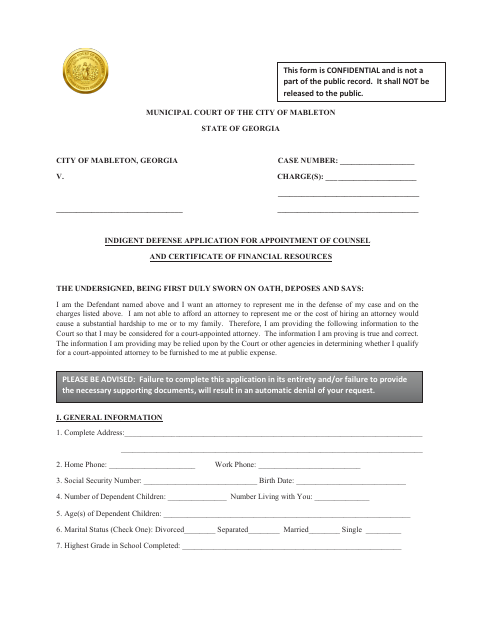 First page of the Indigent Defense Application for Appointment of Counsel and Certificate of Financial Resources