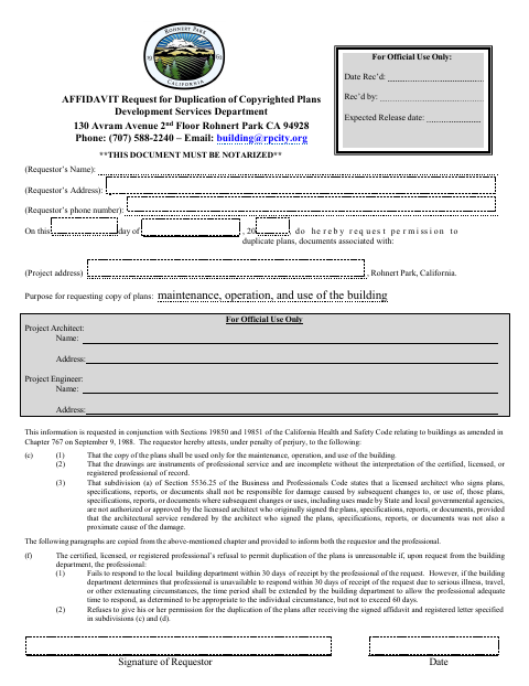 First page of the Affidavit Request for Duplication of Copyrighted Plans