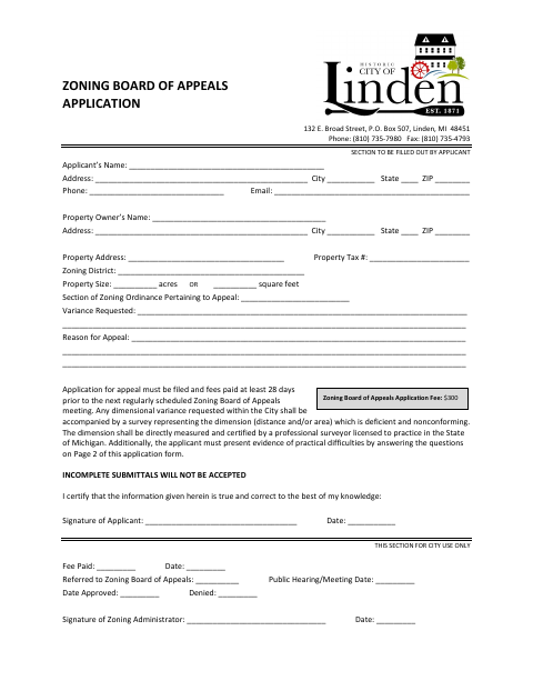 First page of the Zoning Board of Appeals Application