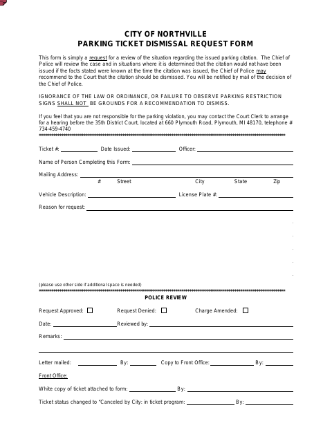 First page of the Parking Ticket Dismissal Request Form