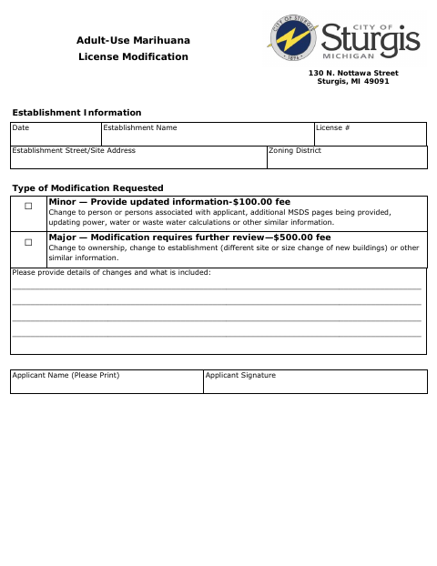First page of the Adult-Use Marihuana License Modification