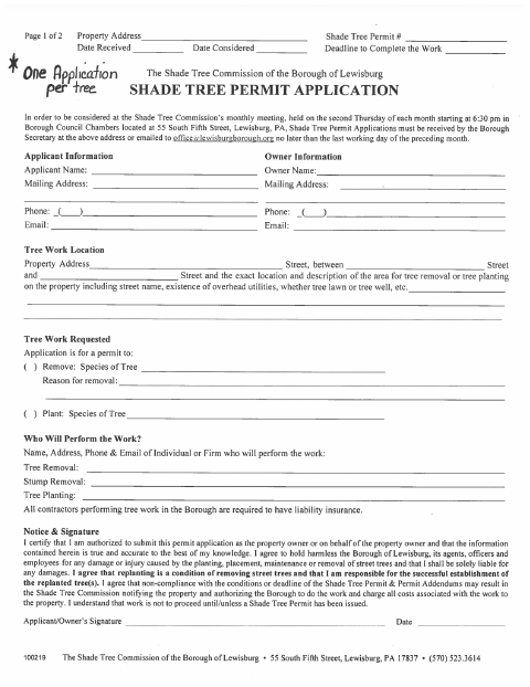 First page of the Shade Tree Permit Application