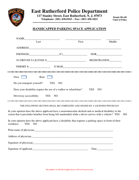 First page of the Handicapped Parking Space Application