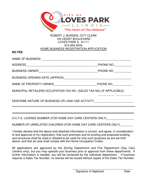 First page of the Home Business Registration Application