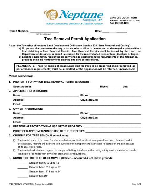 First page of the Tree Removal Permit Application