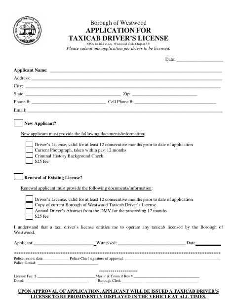 First page of the Application for Taxicab Driver’s License