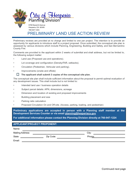First page of the Preliminary Review Application