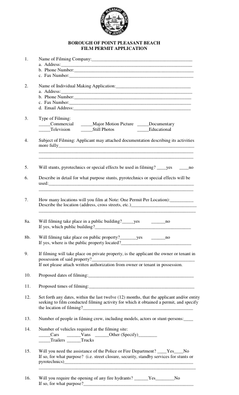 First page of the Film Permit Application