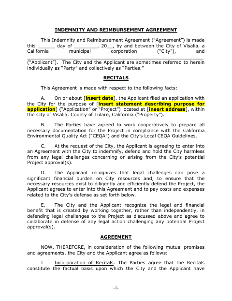 First page of the Draft Indemnity and Reimbursement Agreement