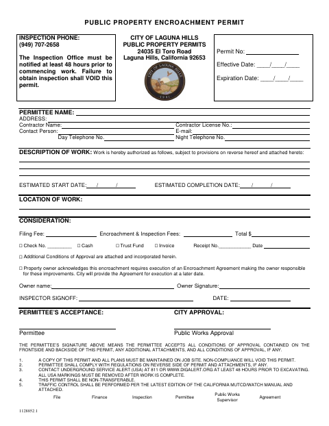 First page of the Public Property Encroachment Permit