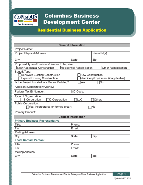 First page of the Residential Business Application