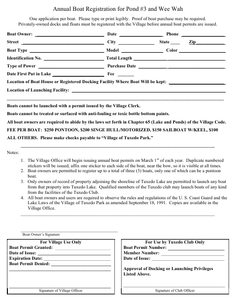 First page of the Annual Boat Registration for Pond #3 and Wee Wah