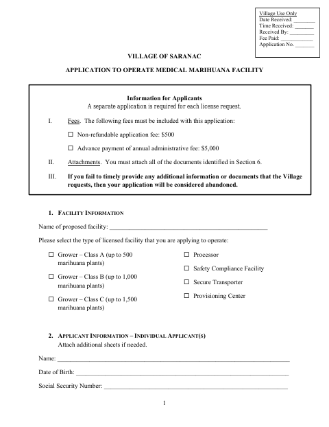 First page of the Application to Operate Medical Marihuana Facility