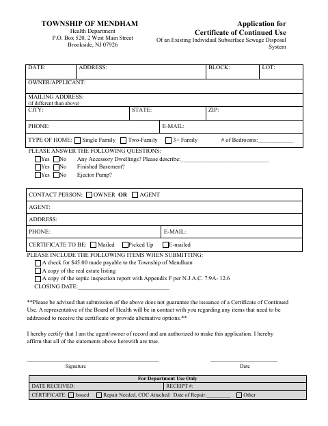 First page of the Application for Certificate of Continued Use of an Existing Individual Subsurface Sewage Disposal System