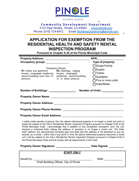 First page of the Application for Exemption from the Residential Health and Safety Rental Inspection Program