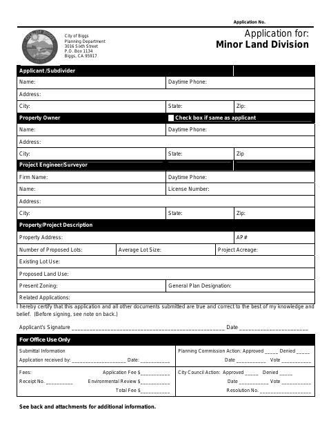 First page of the Minor Land Division Application