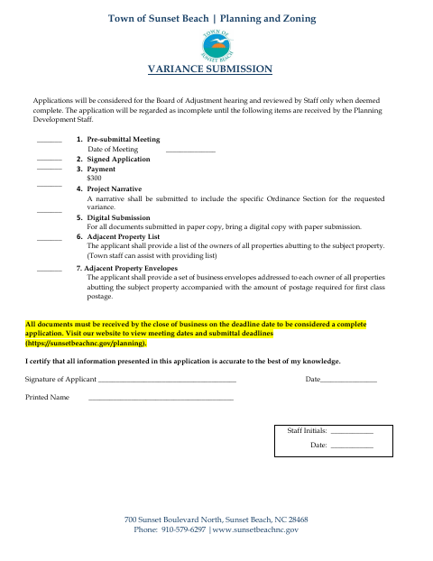 First page of the Variance Application