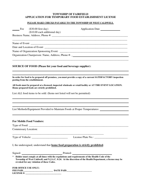 First page of the Temporary Food Truck License Application